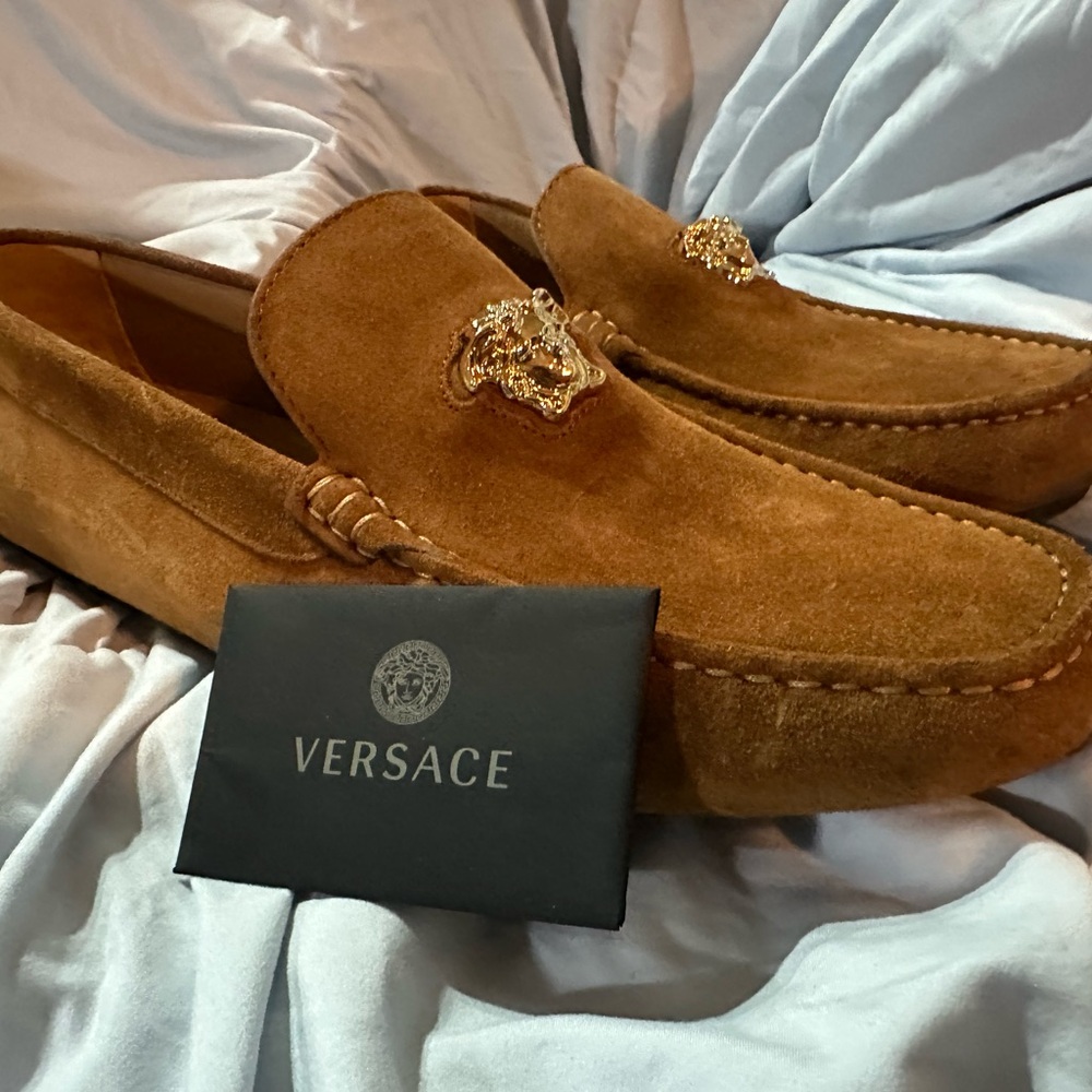 Versace Men's Tan Suede Loafers with Gold Medusa